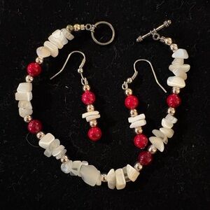 Elegant Red and White Beaded Bracelet and Earring Set